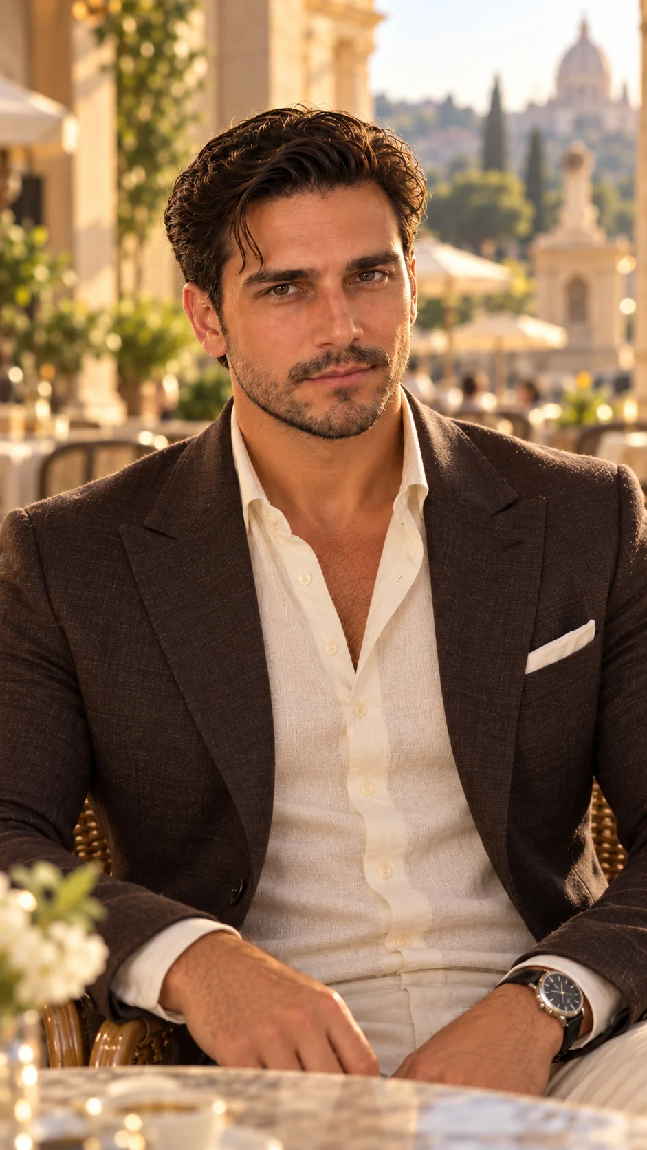 Donatello wearing understated Mediterranean tailoring
